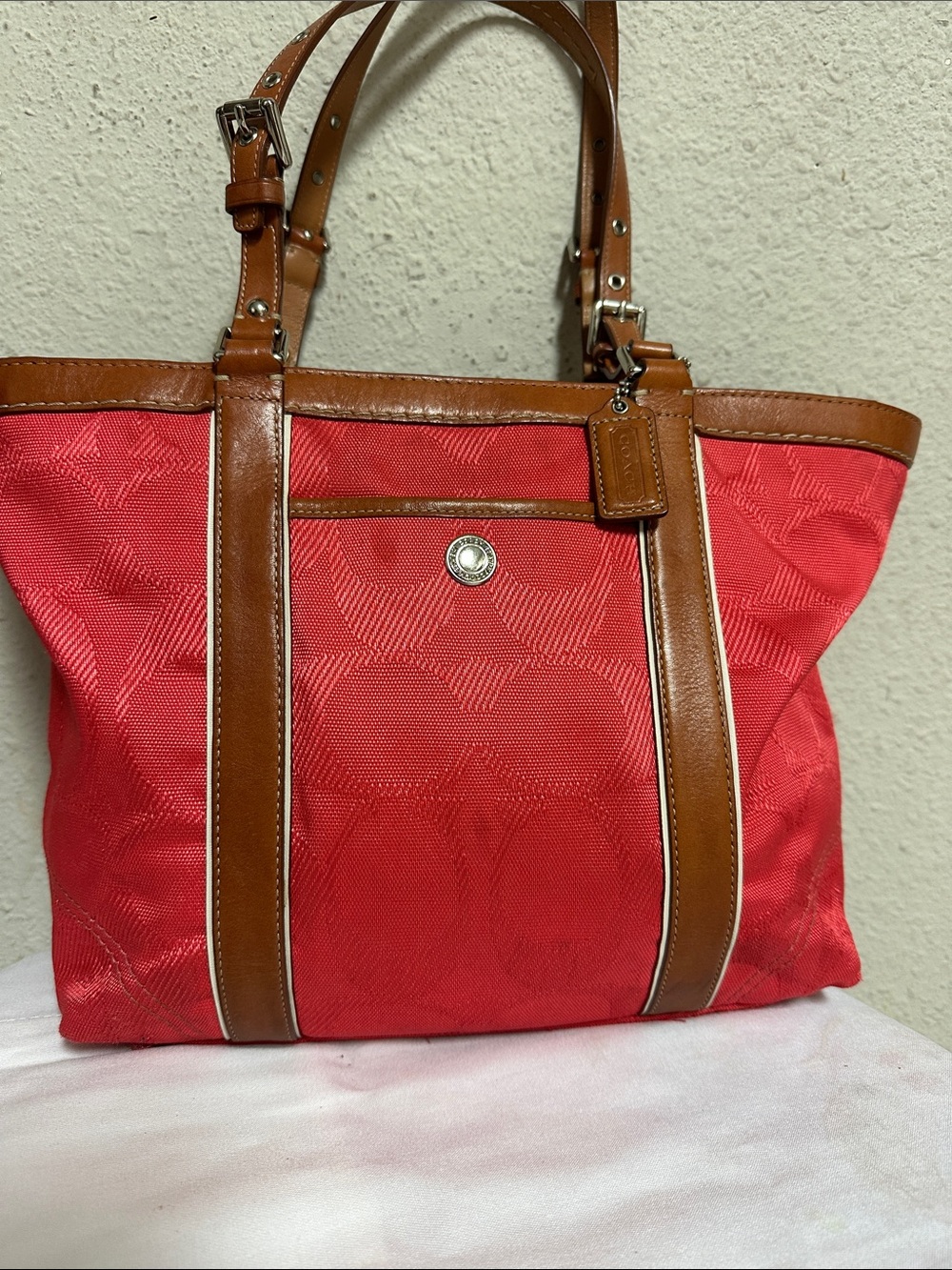 Coach Red Tote with Brown Leather Trim - Picture 2 of 16